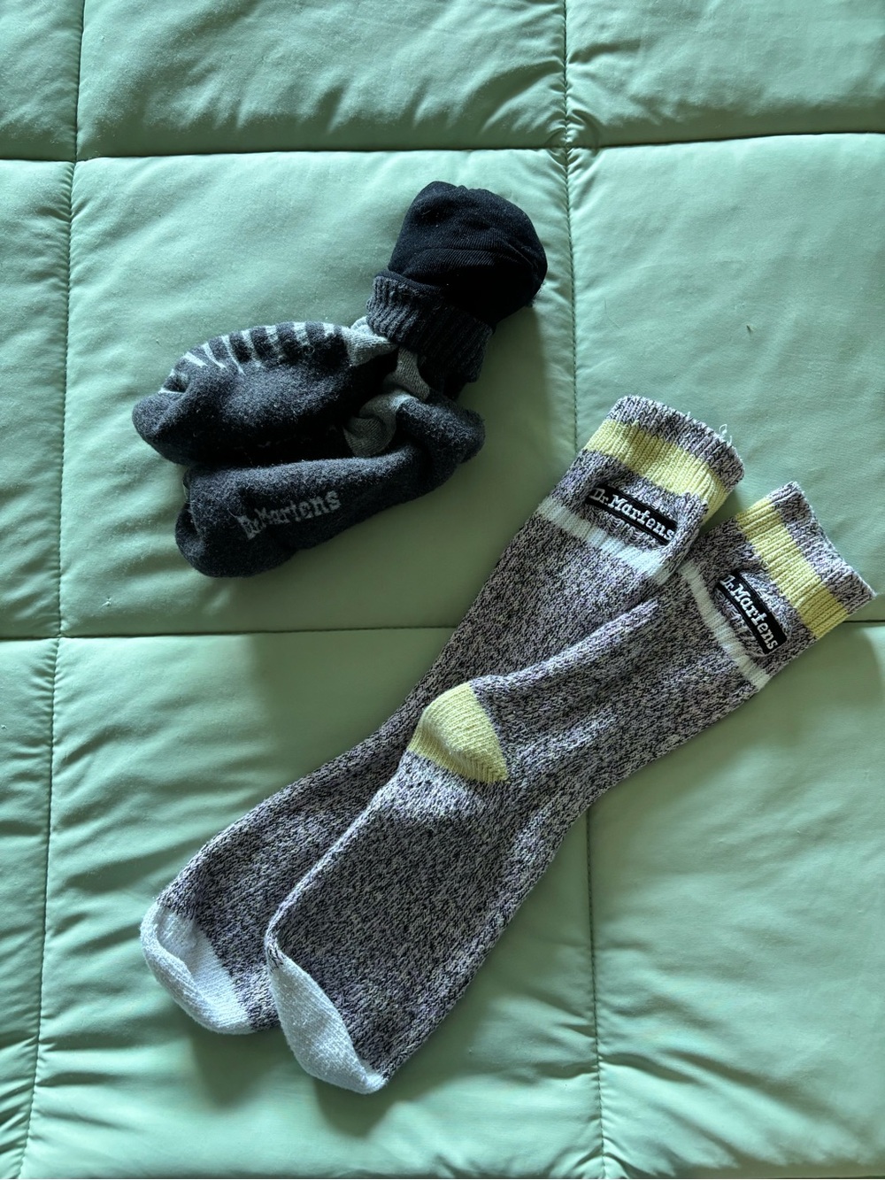 Dr. Martens Gray Crew Socks with Yellow Accents and Black Ankle Sock Pair